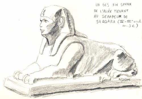 croquis d'après une statue d'un des six sphinx de l'allée menant au Serapeum de Saqqara – quatrième-troisième siècle avent Jésus-Christ